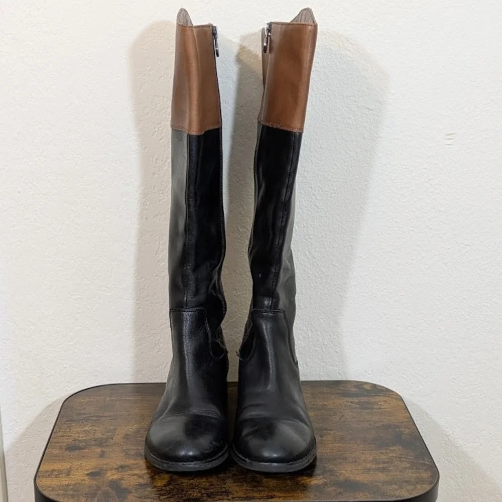 Franco Sarto Tall‎ Riding Boots Black Brown Leather Crest Detail Women US 8